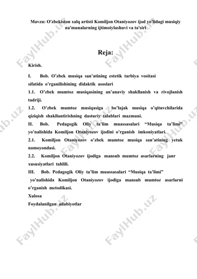 bo‘lajak musiqa o‘qituvchilarini mumtoz musiqaga qiziqishlarini shakllantirish (hofiz va bastakor komiljon otaniyozov ijodi misolida) — DOCX