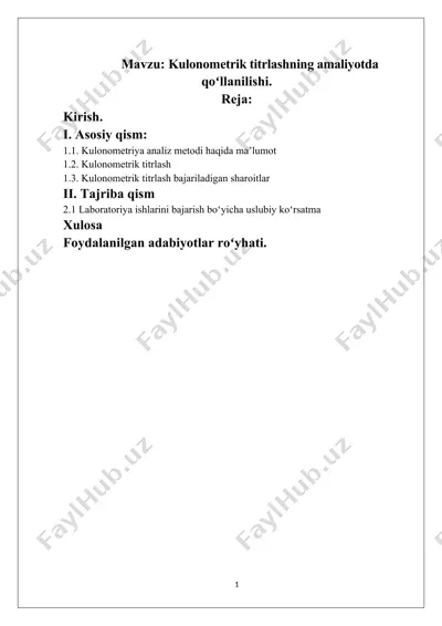 kulonometrik titrlashning amaliyotda qo‘llanilishi — DOCX