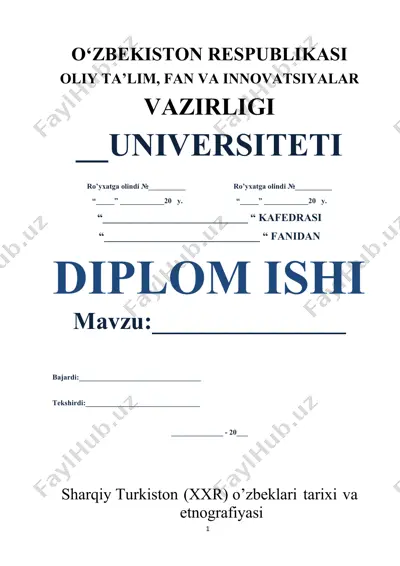 sharqiy turkiston (xxr) o’zbeklari tarixi va etnografiyasi magistrlik dissertatsiyasi — DOCX
