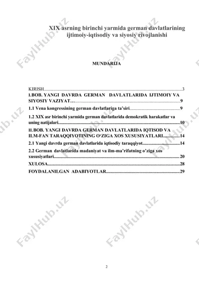 kurs ishi: xix asrning birinchi yarmida german davlatlarining ijtimoiy-iqtisodiy va siyosiy rivojlanishi — DOCX