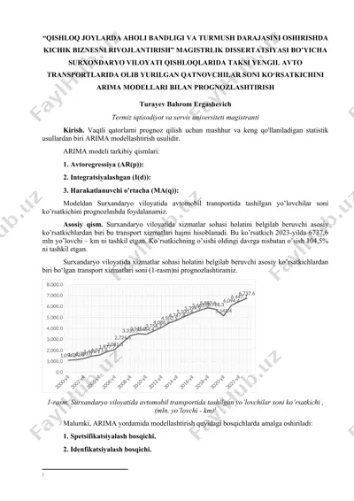 "qishloq joylarda aholi bandligi va turmush darajasini oshirishda kichik biznesni rivojlantirish" magistrlik dissertatsiyasi bo‘yicha arima modeli yordamida surxandaryo viloyatida avtomobil transportida tashilgan yo‘lovchilar sonini prognozlash — DOCX