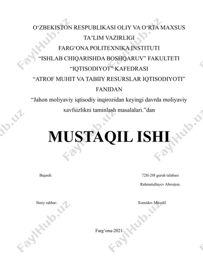 jahon moliyaviy-iqtisodiy inqirozi, o‘zbekiston sharoitida uni bartaraf etishning yo‘llari va choralari — DOCX