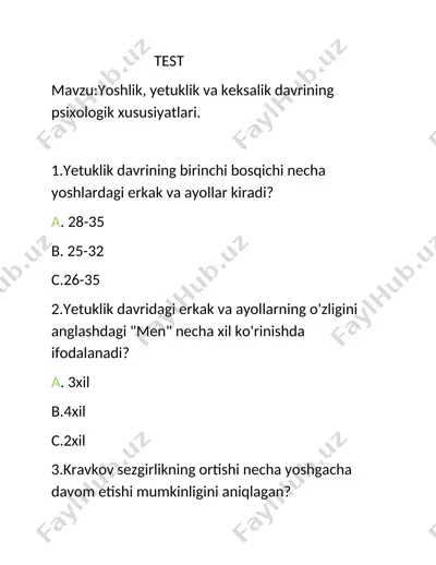 yoshlik, yetuklik va keksalik davrining psixologik xususiyatlari — DOCX