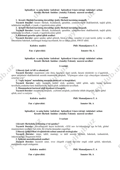 kreativ fikrlash fanidan (amaliy) yakuniy nazorat savollari — DOCX