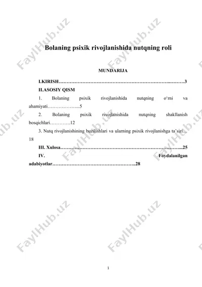 nutqning bolaning psixik rivojlanishida o‘rni va ahamiyati — DOCX