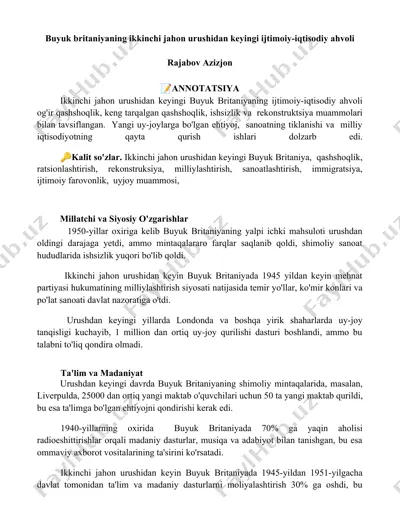 buyuk britaniyaning ikkinchi jahon urushidan keyingi ijtimoiy-iqtisodiy ahvoli — DOCX