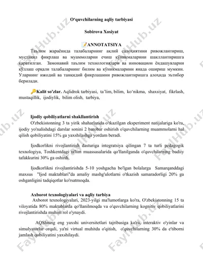 oʻquvchilarning aqliy tarbiyasi — DOCX