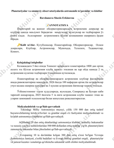 planetariyalar va ommaviy observatoriyalarda astronomik to'garaklar va klublar — DOCX