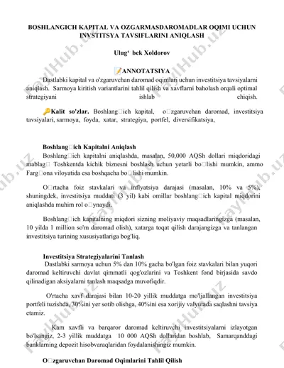 boshlangich kapital va ozgarmasdaromadlar oqimi uchun invstitsya tavsiflarini aniqlash — DOCX
