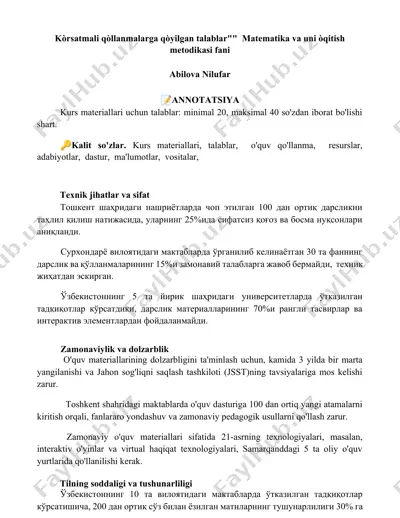 kurs materiallari: matematika va uni òqitish metodikasi fani — DOCX