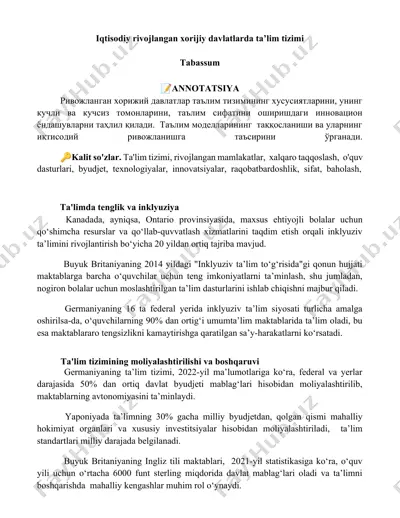 iqtisodiy rivojlangan xorijiy davlatlarda ta’lim tizimi — DOCX