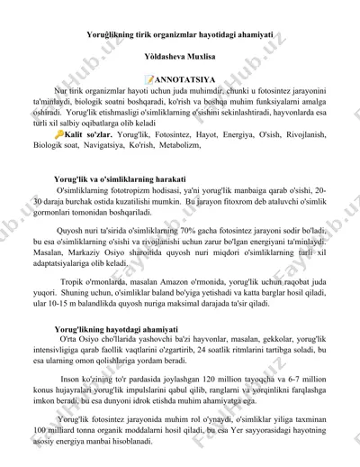 yoruĝlikning tirik organizmlar hayotidagi ahamiyati — DOCX