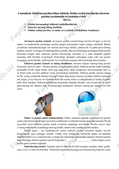 elektron pochta bilan ishlash. online ochiq kurslarda electron pochta yordamida ro’yxatdan o’tish — DOCX