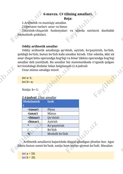 c# tilining amallari — DOCX