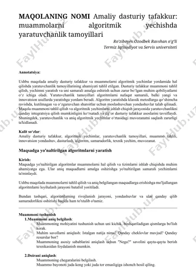 amaliy dasturiy tafakkur: muammolarni algoritmik yechishda yaratuvchanlik tamoyillari — DOCX