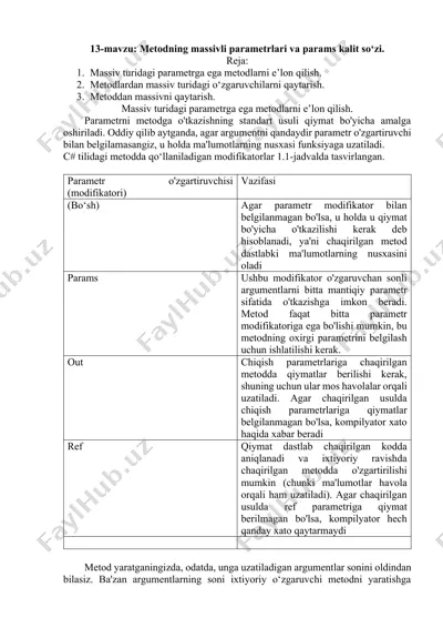 metodning massivli parametrlari va params kalit so‘zi — DOCX