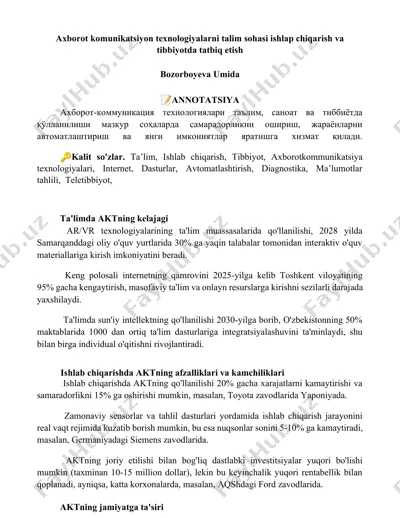 axborot-kommunikatsiya texnologiyalarni talim sohasi ishlab chiqarish va tibbiyotda tatbiq etish — DOCX