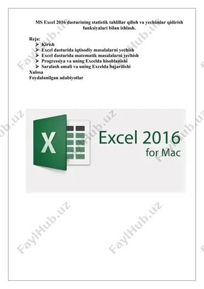 ms excel 2016 dasturining statistik tahlillar qilish va yechimlar qidirish funksiyalari bilan ishlash — DOCX