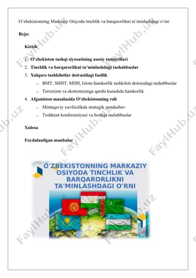 o‘zbekistonning markaziy osiyoda tinchlik va barqarorlikni ta’minlashdagi o‘rni — DOCX