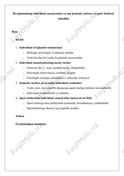 rivojlanishning individual xususiyatlari va uni jismoniy tarbiya va sport faoliyati misolida — DOCX
