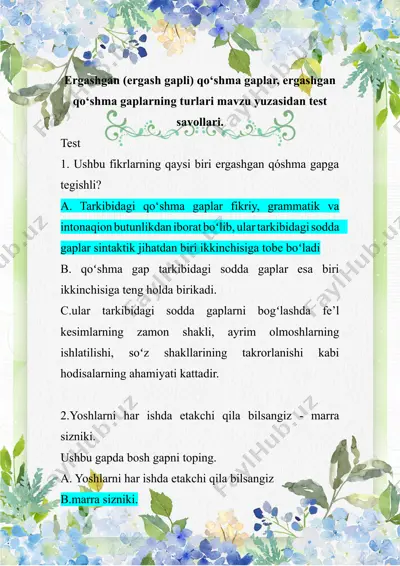 ergashgan qo'shma gaplar mavzusidan test savollari 30ta — DOCX