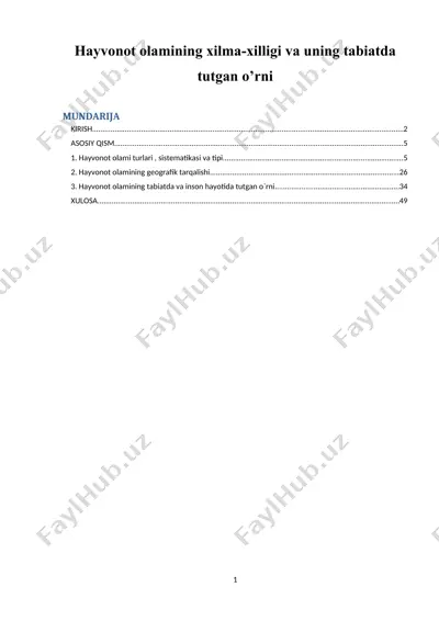 hayvonot olamining xilma-xilligi va uning tabiatda tutgan o’rni — DOCX
