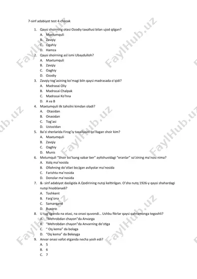 7-sinf adabiyot test 4-chorak — DOCX