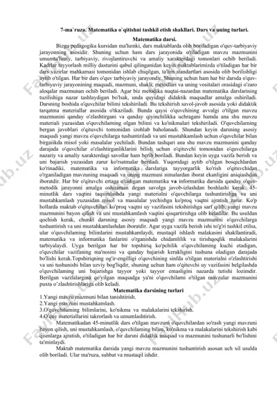 matematika o'qitishni tashkil etish shakllari. dars va uning turlari — DOCX