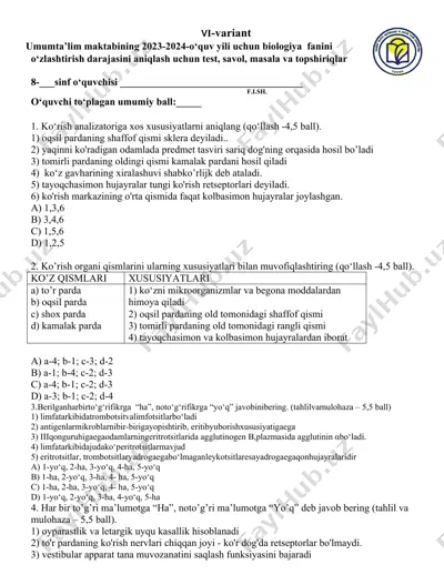 biologiya fanini o'zlashtirish uchun test, savol, masala va topshiriqlar — DOCX