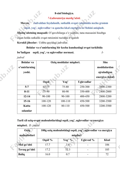 8-sinf biologiya. laboratoriya mashg’uloti — DOCX