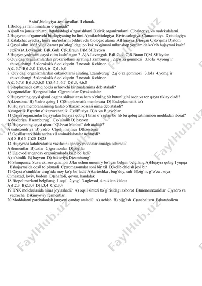 9-sinf ,biologiya .test savollari.ii chorak — DOCX