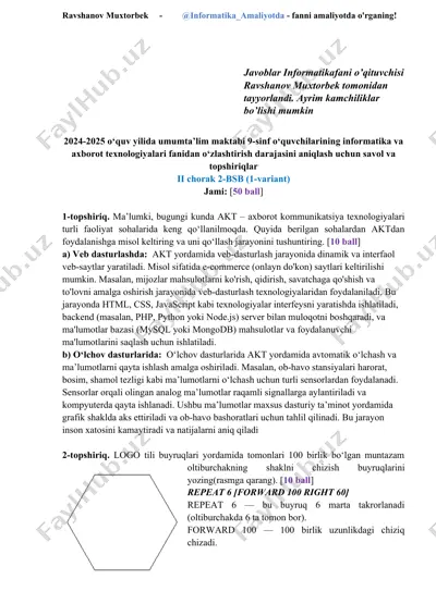 informatika va axborot texnologiyalari fanidan savol va topshiriqlar — DOCX