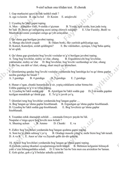 9-sinf uchun ona tilidan test. ii chorak — DOCX