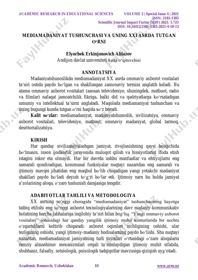 mediama'daniyat tushunchasi va uning xxi asrda tutgan o'rni — PDF