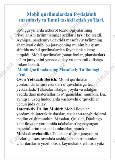 mobil qurilmalardan foydalanib masofaviy ta’limni tashkil etish yo’llari. — DOCX