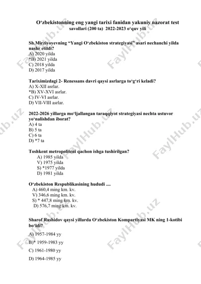 o‘zbekistonning eng yangi tarixi fanidan yakuniy nazorat test savollari (200 ta) 2022-2023 o‘quv yili — DOCX