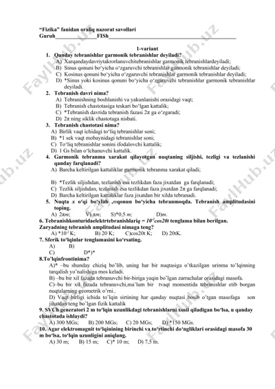"fizika fanidan oraliq nazorat savollari" — DOCX