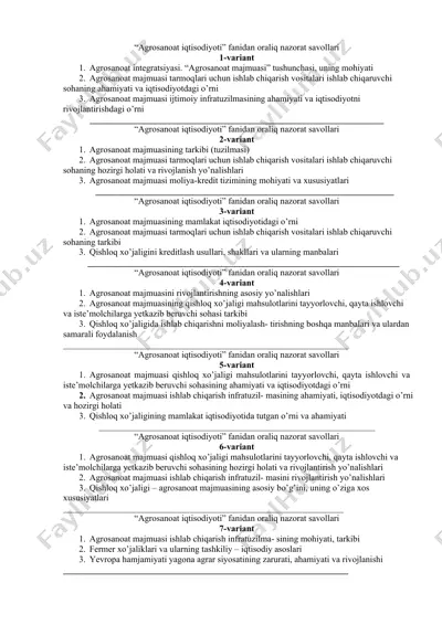 agrosanoat iqtisodiyoti fanidan oraliq nazorat savollari — DOCX