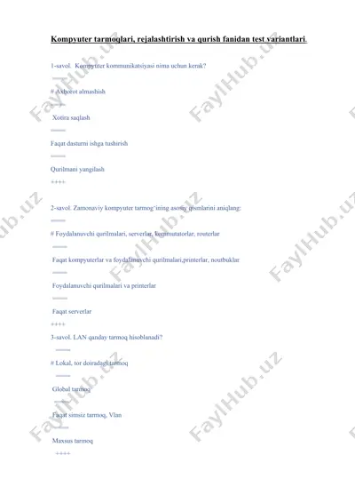 kompyuter tarmoqlari, rejalashtirish va qurish fanidan test variantlari — DOCX