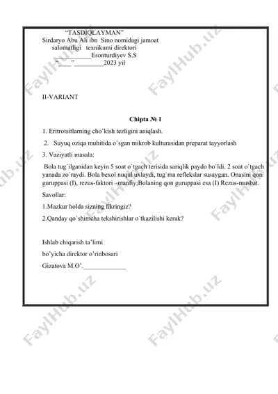 sirdaryo abu ali ibn sino nomidagi jamoat salomatligi texnikumi "feldsher laborantlik ishi" yo’nalishi imtihon savollari — DOCX