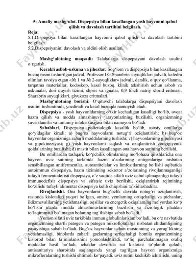 dispepsiya bilan kasallangan yosh hayvonni qabul qilish va davolash tartibini belgilash — DOCX