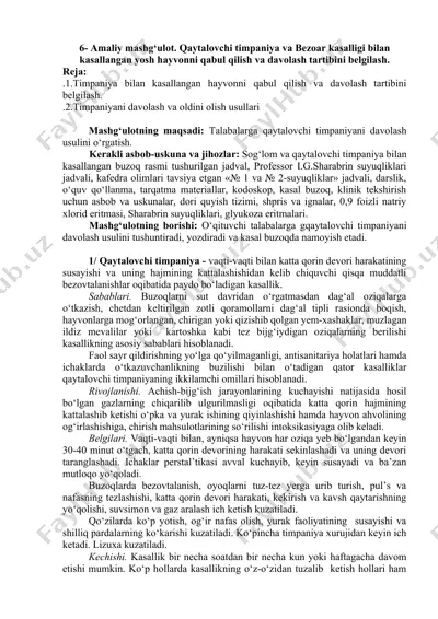 qaytalovchi timpaniya va bezoar kasalligi bilan kasallangan yosh hayvonni qabul qilish va davolash tartibi — DOCX