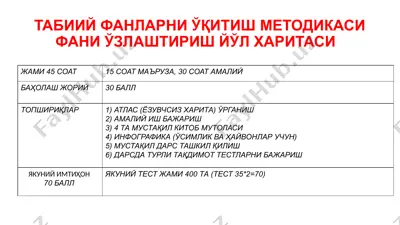 tabiiy fanlarni o‘qitish metodikasi fani o‘zlashtirish yo‘l xaritasi (4-sinf) — PPTX