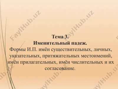 тема 3. именительный падеж. формы и.п. имён существительных, личных, указательных, притяжательных местоимений, имён прилагательных, имён числительных и их согласование. — PPTX