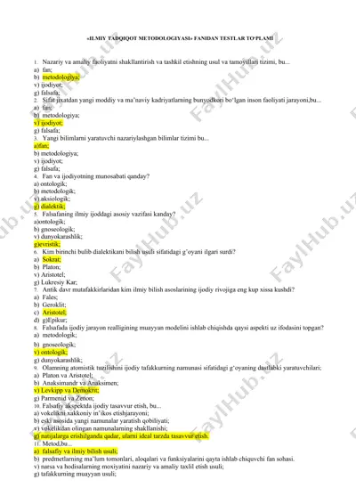 "ilmiy tadqiqot metodologiyasi" fanidan testlar to‘plami — DOCX