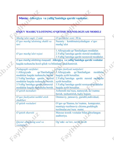 allergiya va yallig’lanishga qarshi vositalar mashg’uloti — DOCX