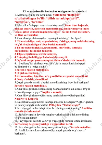 til va savodxonlik fani uchun tuzilgan testlar savollari — DOCX