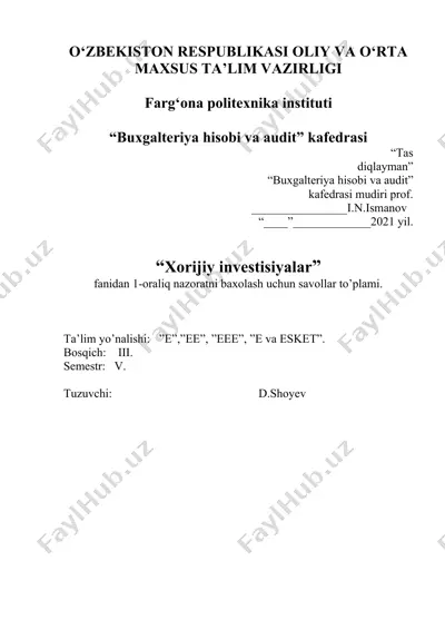 xorijiy investisiyalar savollar to'plami — DOCX