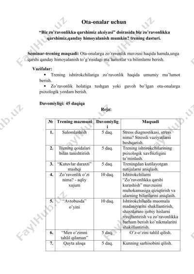 "biz zo’ravonlikka qarshimiz aksiyasi" trening dasturi — DOCX