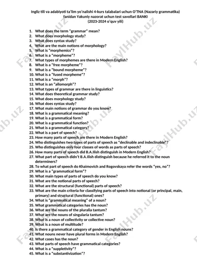 o’tna (nazariy grammatika) fanidan yakuniy nazorat uchun test savollari banki — DOCX